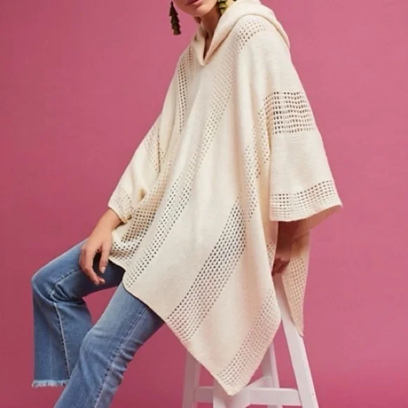 OSFA Anthropologie Sleeping On Snow Hooded Knit Cape Shrug Poncho Sweater - Picture 2 of 8